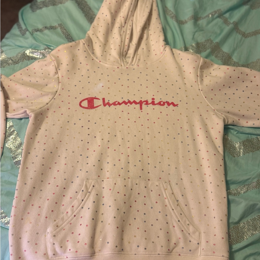 Champion Kids' Hoodie with Multicolor Dots-White with pink logo, size XL (14/16)